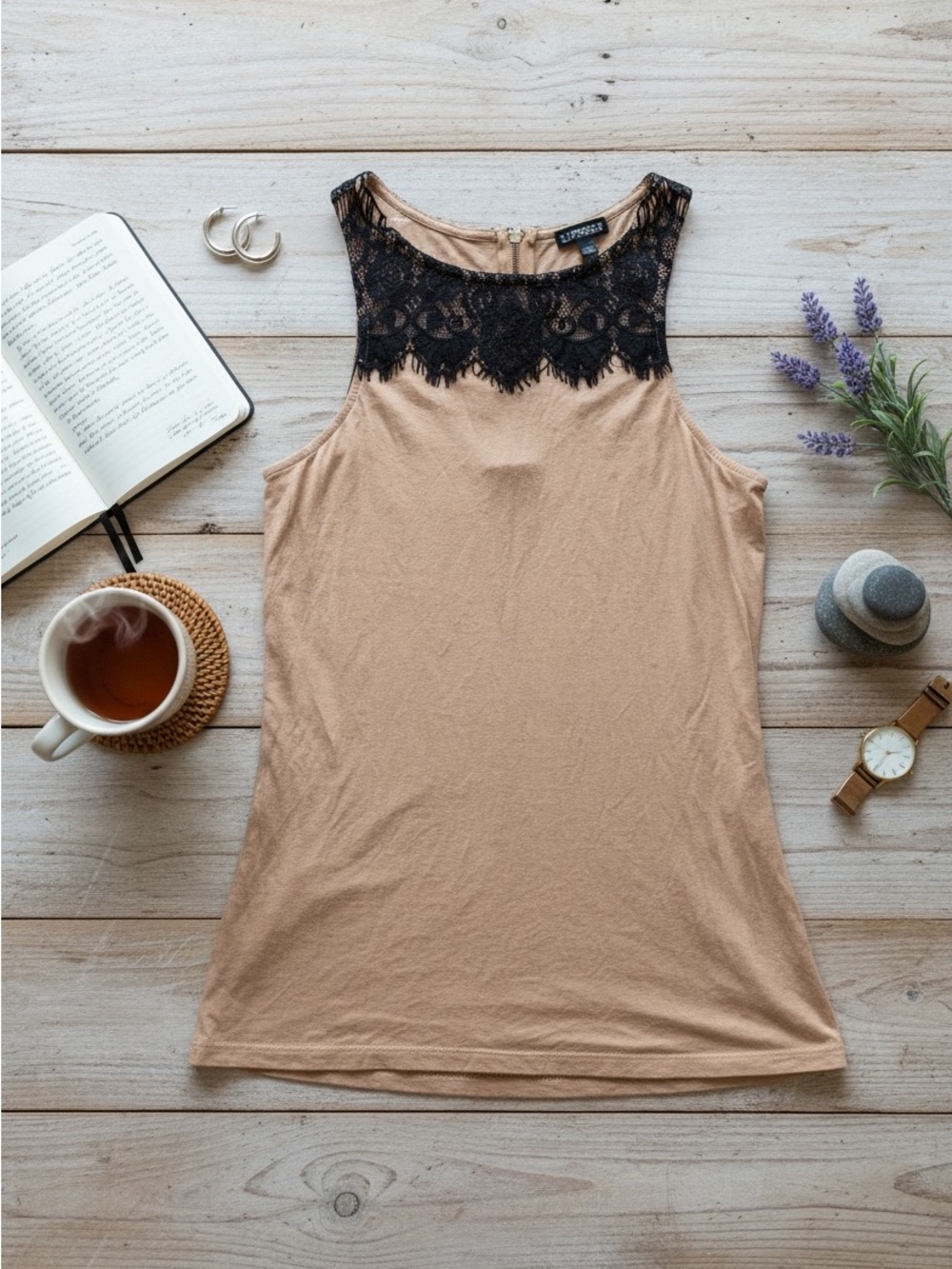 Express Beige Tank with Black Lace Yoke